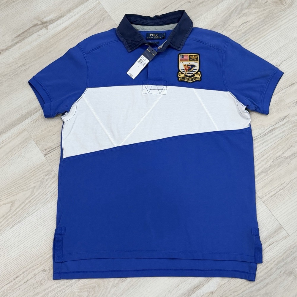Polo Ralph Lauren Custom Yacht Nautical Rugby Size L Blue White Color Block